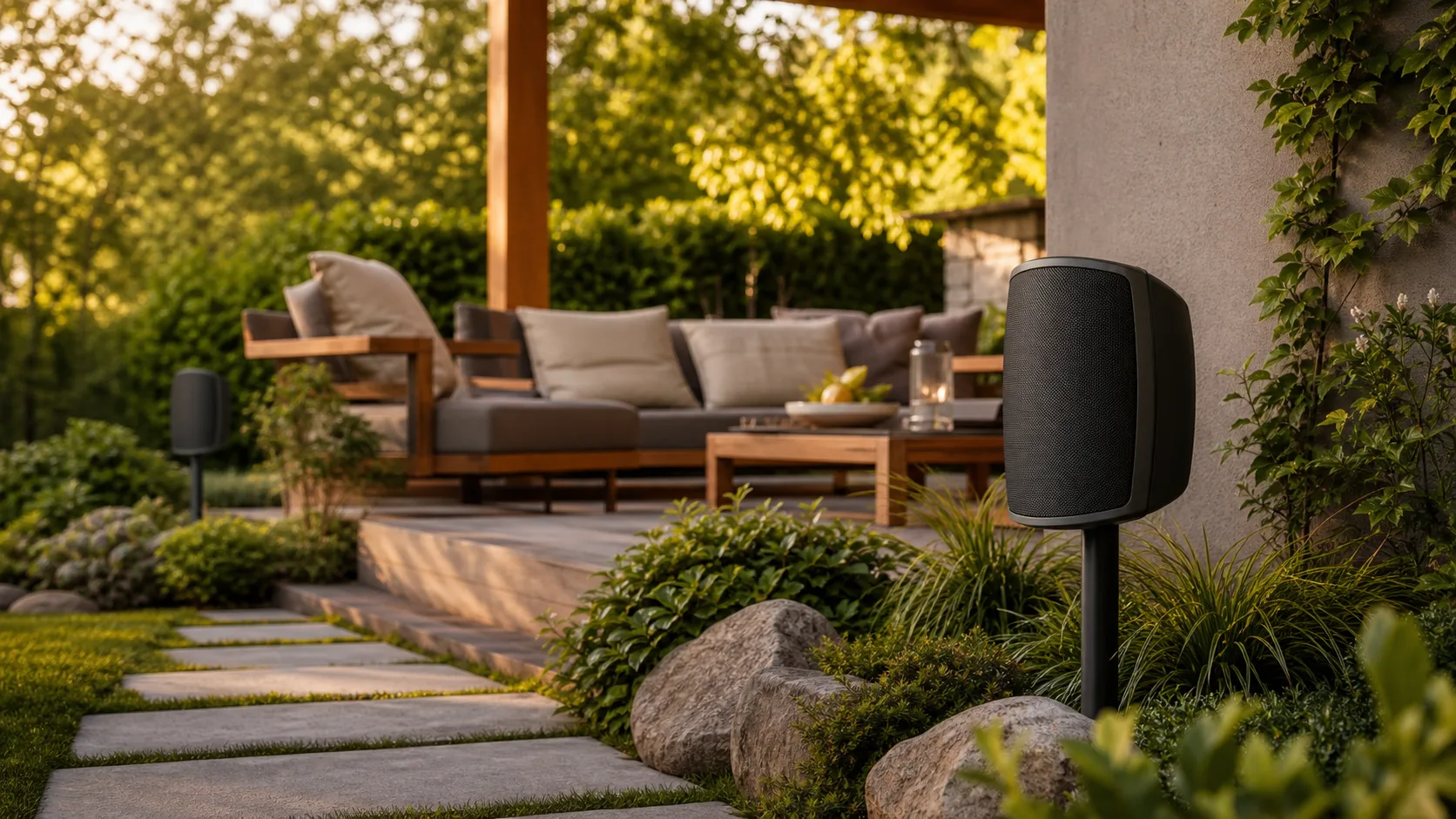 Outdoor speakers installed beside a garden patio